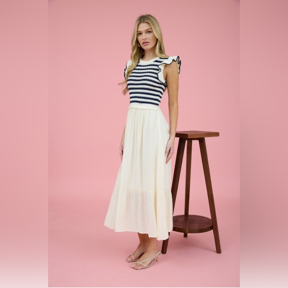 NWT Striped Navy and Cream Midi Dress